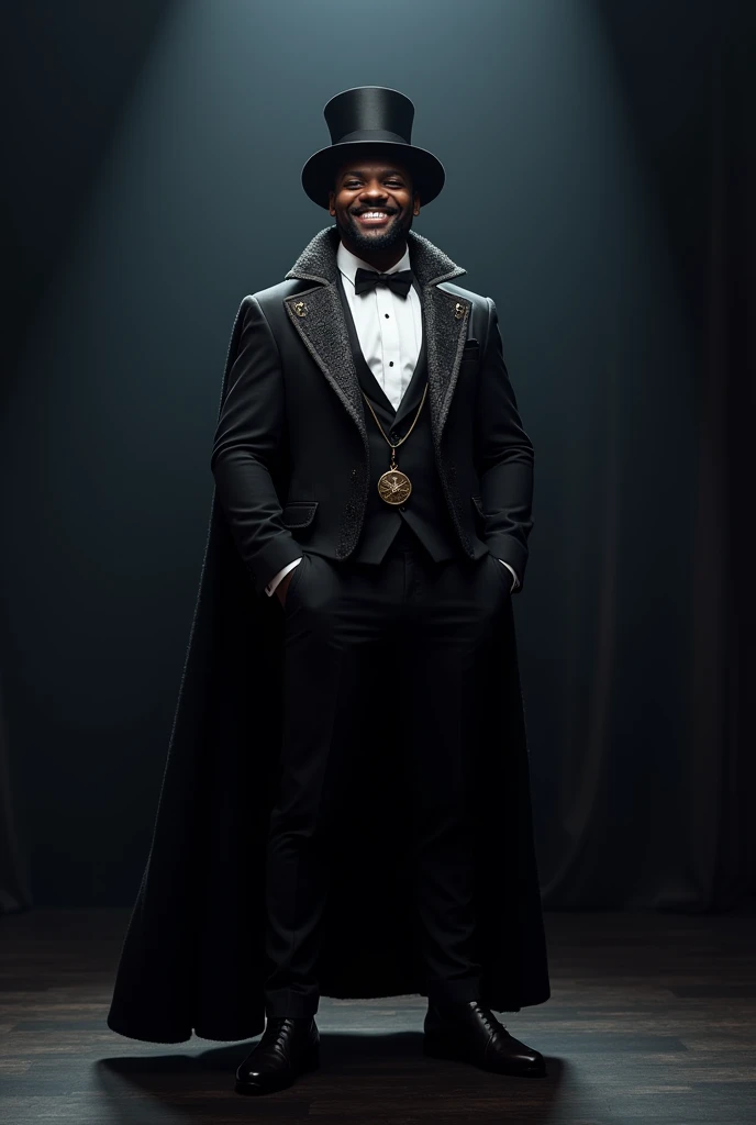 A black man wearing a magician costume and smiling