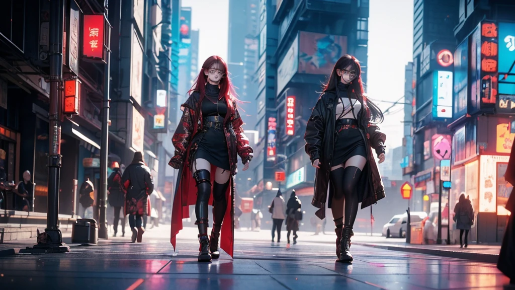 A red-haired girl with glasses standing in a city, guweiz style artwork, cyberpunk atmosphere, cyberpunk atmospheres, dreamy cyberpunk girl, Style Ross Tran, cyberpunk art style, cyberpunk style off, cyberpunk themed art, cyberpunk anime girl, cyberpunk anime digital art, cyberpunk beautiful girl, guweiz, in cyberpunk style, cyberpunk girl