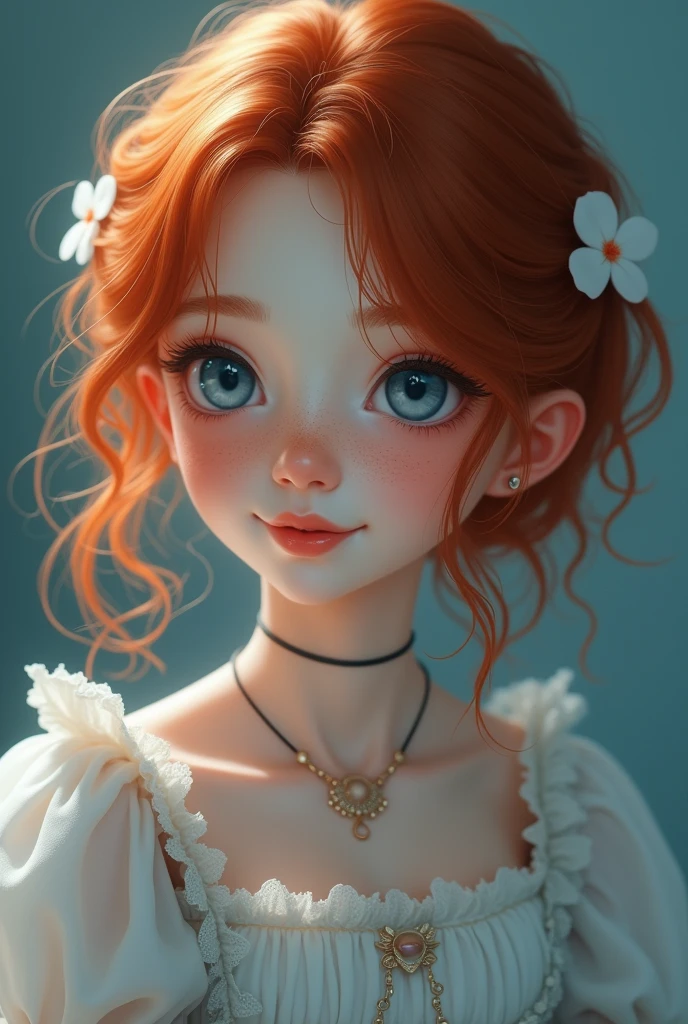 (photorealism:1.2), beautiful redhead, , smiling, looking at camera, lolita outfit, small chest, cute face, pretty face, blue light eyes, silvery eyes, freckles