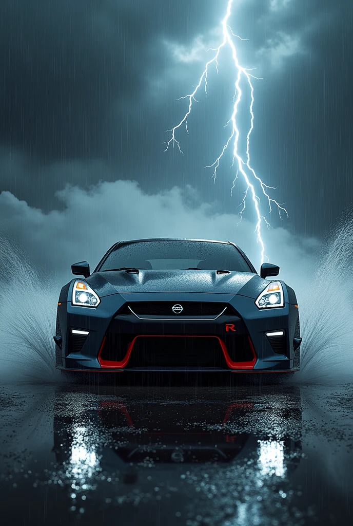 Create a photo that says momazos nissan with lightning and rain in the background and that has a nissan car