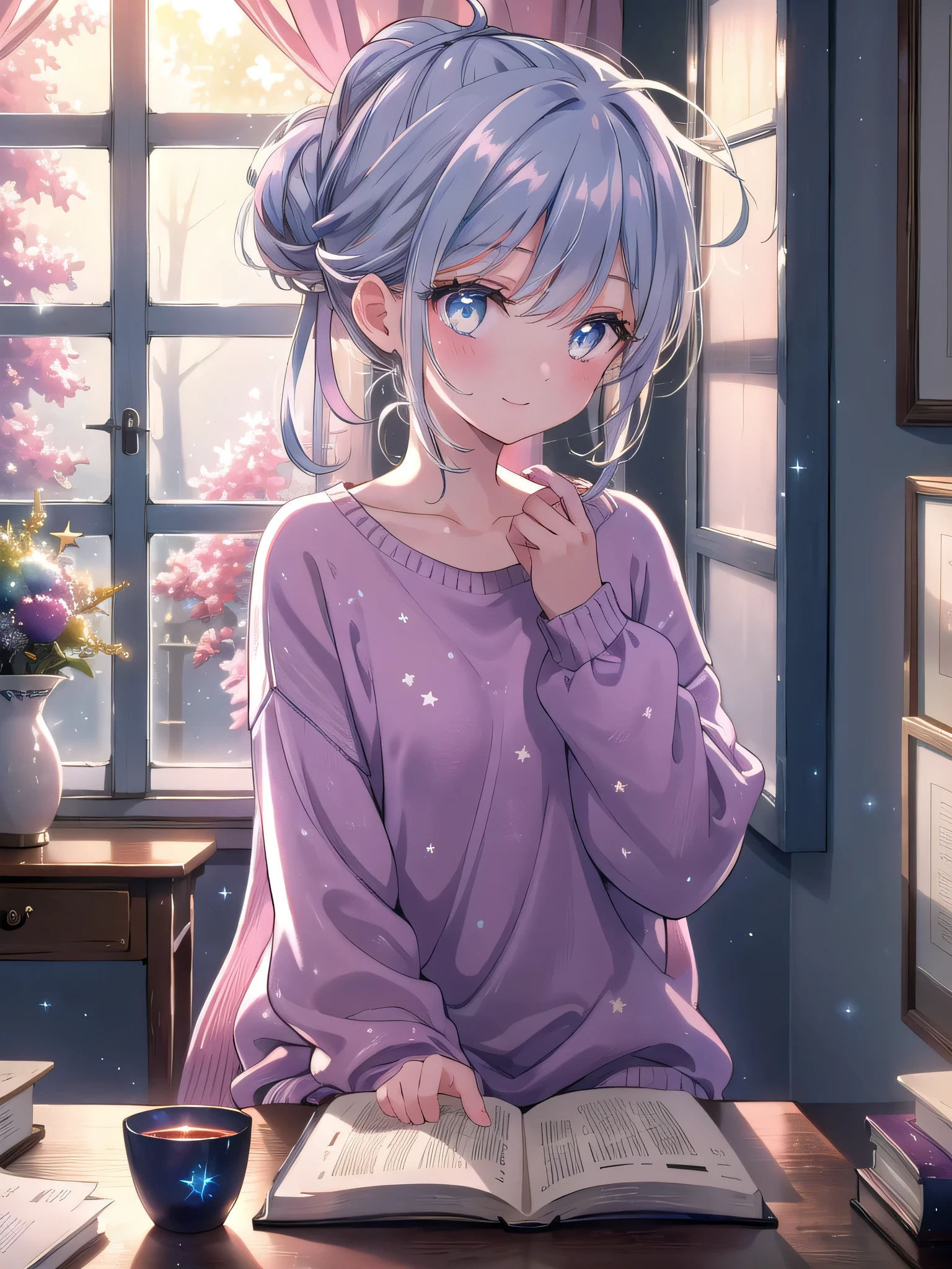 ((8k, Highest quality, masterpiece: 1.3)),Ultra-high resolution,(1 girl, alone), (Color changing eyes, Ultra-detailed, Expressive brilliance, Glitter, Glowing Eyes), Highly detailed eyes, Highly detailed face, Random Hair, ((pastel colour))Reading at Her Desk
The woman is seated at her small desk in her bedroom, engrossed in a novel. She’s wearing a simple, loose-fitting sweater and soft pajama pants, with her hair tied up in a messy bun. The desk is illuminated by a warm, dimly glowing desk lamp, casting a soft light on her face and the pages of the book. Outside the window beside her, the sky is transitioning from twilight to night, with a few stars starting to appear against the deep blue backdrop. She occasionally glances at the camera with a peaceful smile, sharing her quiet enjoyment of the book. The room is cozy and slightly dark, with shadows softly filling the corners, creating a tranquil, intimate atmosphere.