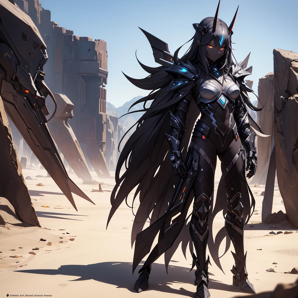 Make a character. alone. futurist. black futuristic armor. besides having futuristic horns. It should be in a desert setting.