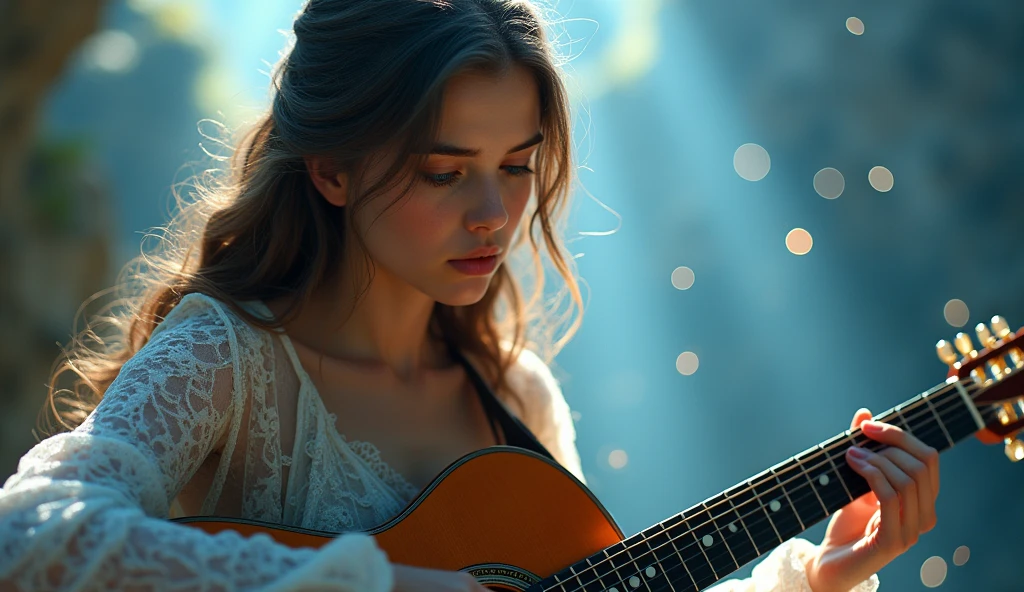 ((best quality)), ((masterpiece)), (detail), perfect face, panoramic photo of a young europe woman playing guitar on the mythical world, woman with V-line face and blue eyes, magical light, sparkling light, 8k, ultra high resolution, sharp face