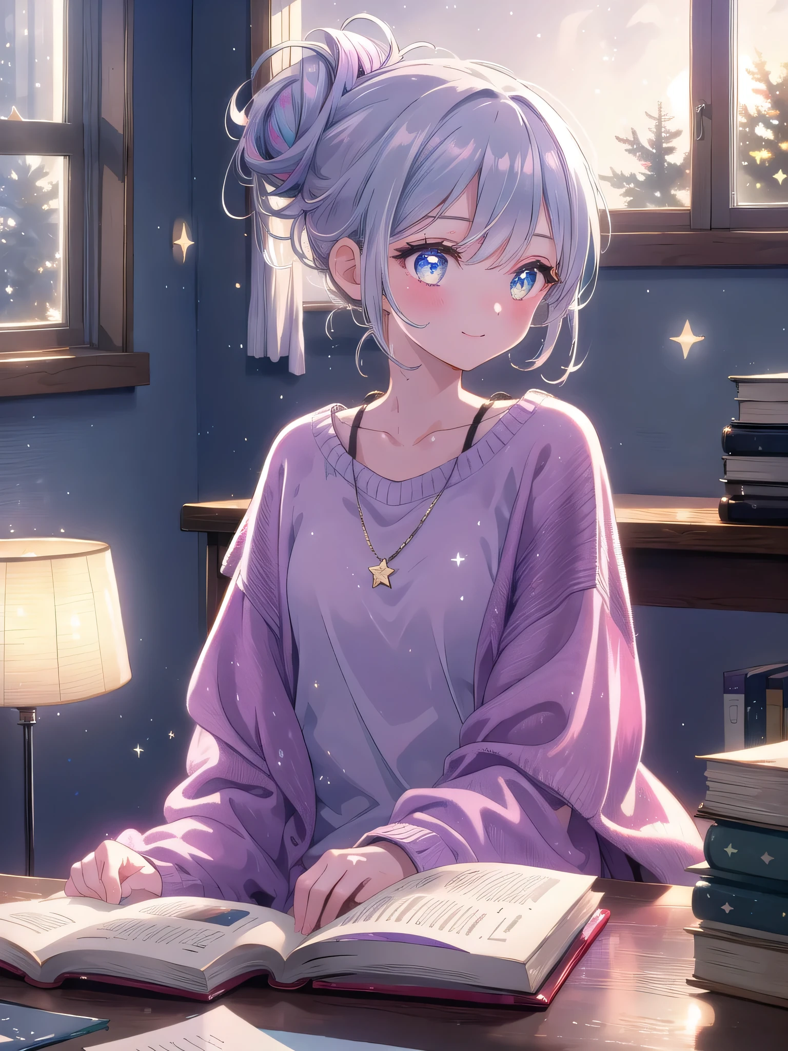 ((8k, Highest quality, masterpiece: 1.3)),Ultra-high resolution,(1 girl, alone), (Color changing eyes, Ultra-detailed, Expressive brilliance, Glitter, Glowing Eyes), Highly detailed eyes, Highly detailed face, Random Hair, ((pastel colour))Reading at Her Desk
The woman is seated at her small desk in her bedroom, engrossed in a novel. She’s wearing a simple, loose-fitting sweater and soft pajama pants, with her hair tied up in a messy bun. The desk is illuminated by a warm, dimly glowing desk lamp, casting a soft light on her face and the pages of the book. Outside the window beside her, the sky is transitioning from twilight to night, with a few stars starting to appear against the deep blue backdrop. She occasionally glances at the camera with a peaceful smile, sharing her quiet enjoyment of the book. The room is cozy and slightly dark, with shadows softly filling the corners, creating a tranquil, intimate atmosphere.