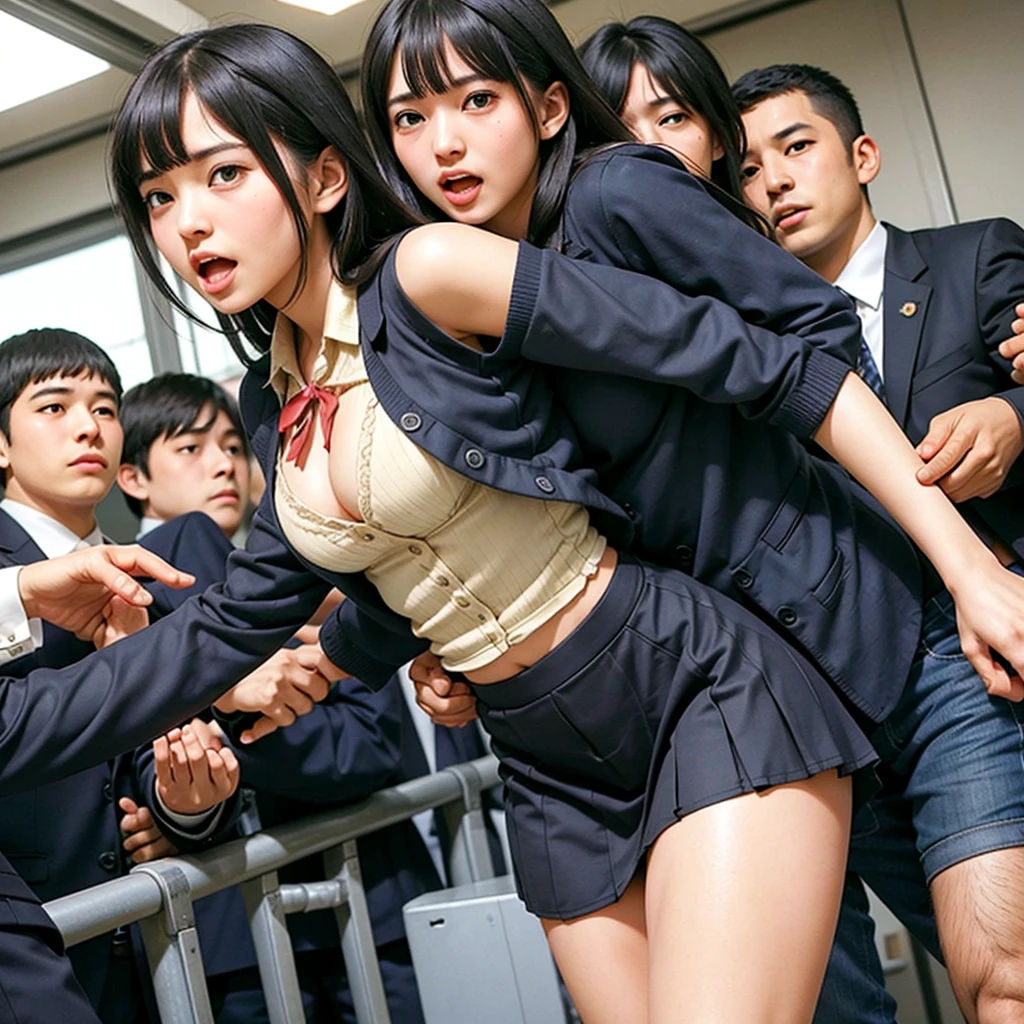 A beautiful innocent girl surrounded by excited high school boys, On the way to school, Beautiful woman like an idol, Close-up of a woman's face, She screams with her mouth open in shame after being molested in public and watched from close range, Being seen in underwear by a high school boy, A high school boy grabs my breasts from behind, A high school boy touches my crotch, Anatomically correct, Being molested by a group of men, Fleeing, Embarrassed, I bow my head, Beautiful black hair, Being sniffed at close range by a group of men, blush, Increased sensitivity, Beautiful Eyes, Ultra high definition, Slender body, Japanese, Inner thighs