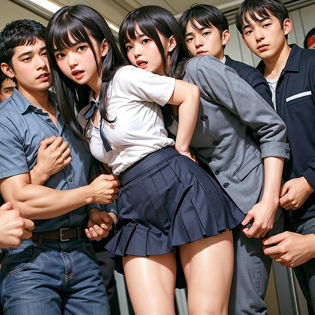 A beautiful innocent girl surrounded by excited high school boys, On the way to school, Beautiful woman like an idol, Close-up of a woman's face, She screams with her mouth open in shame after being molested in public and watched from close range, Being seen in underwear by a high school boy, A high school boy grabs my breasts from behind, A high school boy touches my crotch, Anatomically correct, Being molested by a group of men, Fleeing, Embarrassed, I bow my head, Beautiful black hair, Being sniffed at close range by a group of men, blush, Increased sensitivity, Beautiful Eyes, Ultra high definition, Slender body, Japanese, Inner thighs