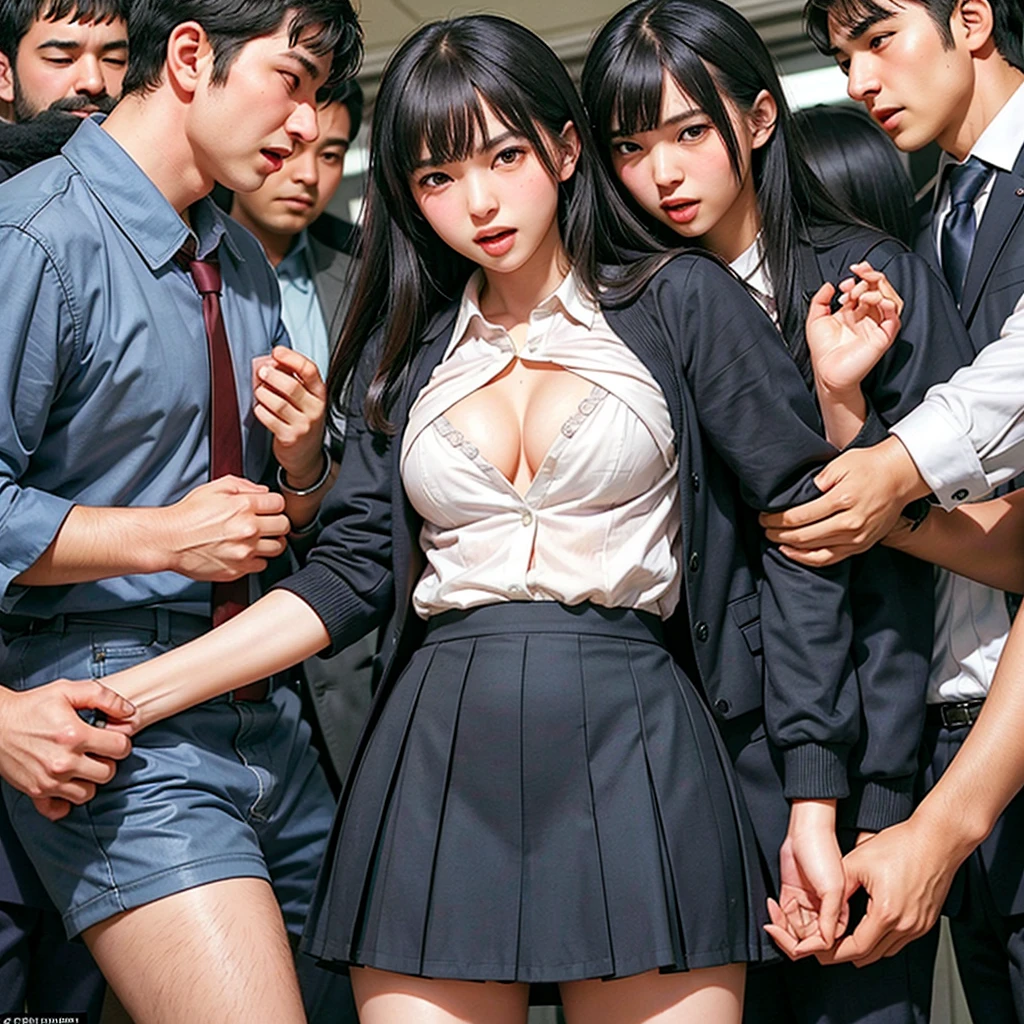 grasp、、(Shirtless schoolgirl)Grab your ass on a crowded train、drooping bangs、(((Little Face Girl)))、pleatedskirt:1.2、stright long hair、Real 18 year old very young face girl、Very beautiful girl１a person、(((Young man in suit grabs schoolgirl buttocks:1.5)))、(molesting)、Touching your buttocks on the bus、red blush、(((Shirtless schoolgirl has sex with man in suit、erotick)))、((Skirt flipped up、You can see erotic panties))、high-level image quality、realisitic、(((agony、angry expressions)))、(((Being touched by multiple men、Touching the chest or crotch1.5)))、grabbing on breasts(((On a crowded train)))、((A schoolgirl in a sailor suit sticks her ass out from the front to a man in a suit))、(((Schoolgirl is shirtless:1.5)))、(((Being touched by multiple men、Touching the chest or crotch1.5)))、(((Multiple guys grab my chest:1.5)))、(((On a crowded train)))、