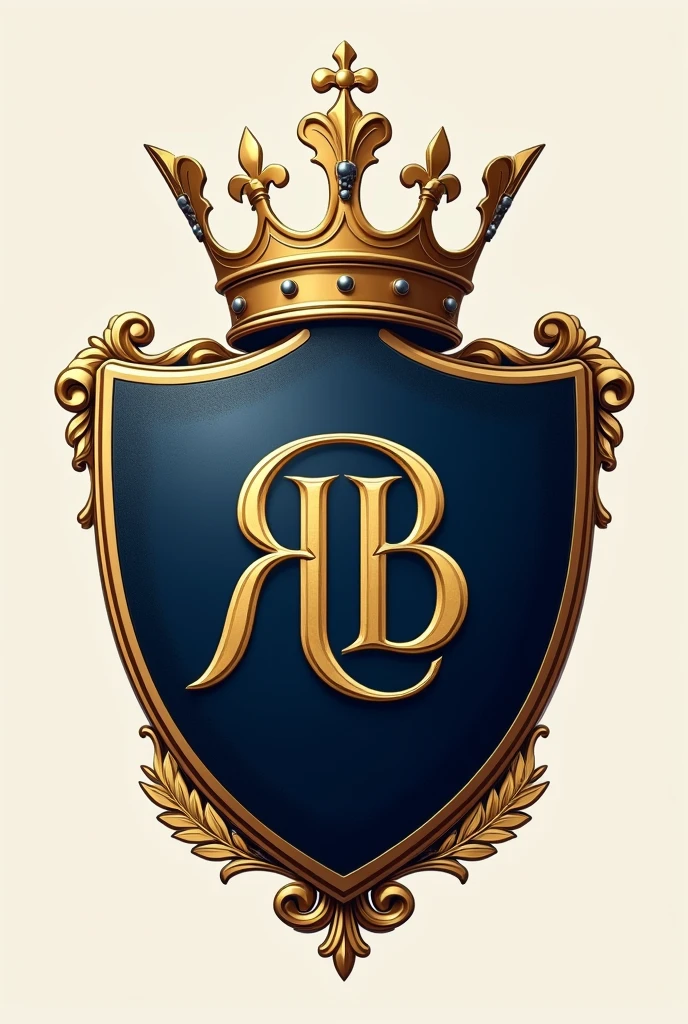 Écusson Royal
• Forme : Un écusson classique en forme de bouclier.
• Couleurs : Bleu marine pour l’écusson avec des détails en or pour représenter la royauté.
• Éléments :
• Couronne dorée au sommet du bouclier, symbolisant le “Real”.
• Lettres “RB” entrelacées au centre en or, avec une typographie élégante et traditionnelle.
• Ornements floraux ou de lauriers autour des lettres, pour un effet prestigieux et noble.