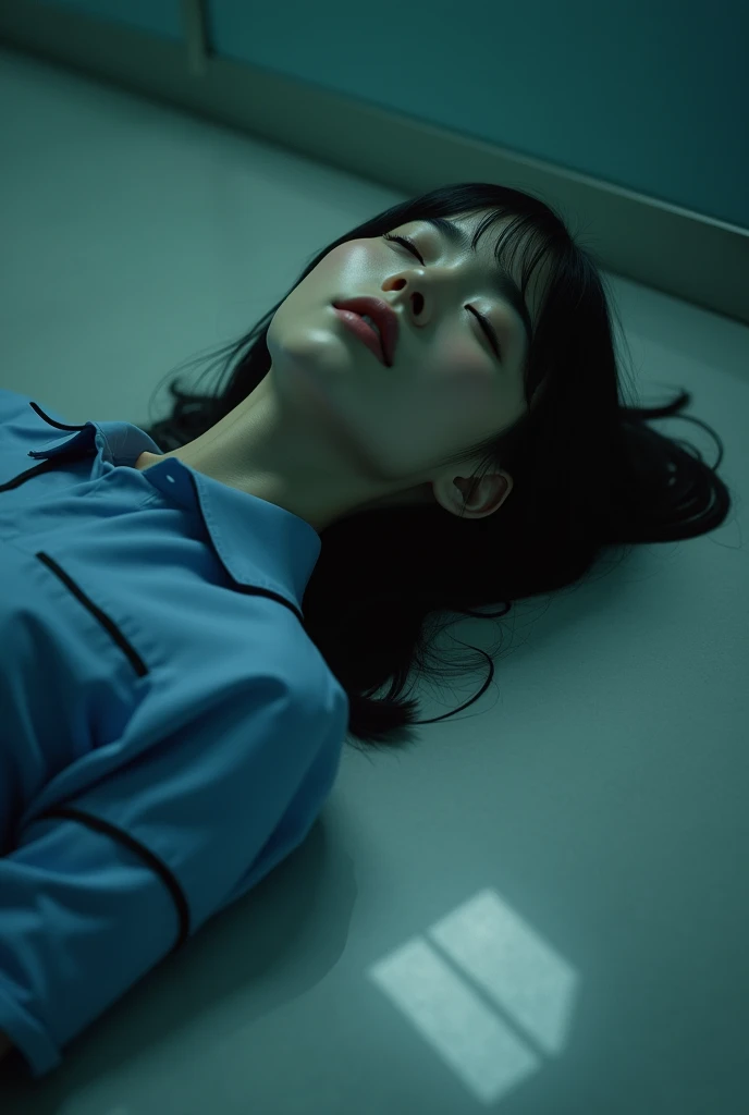 (photorealistic), a realistic and haunting image of a (dramatic) , featuring a korean nurse laying down on floor of the hospital setting,wearing a korean nurse uniform, expressing a sense of tragedy. Her eyes are rolled back, creating a chilling atmosphere. The dimly lit background enhances the somber mood, with muted colors adding depth to the scene, including subtle shadows and highlights for an ultra-detailed presentation,full body photo.