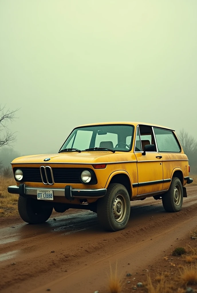 Create an offroad picture of a F25 BMW X3 yellowed and in the style of the 80s. The car should look like it did in 2014. Only one car should be visible. The picture should look old and yellowed. The car should look modern like the current F25, only the rest should be made to look old
