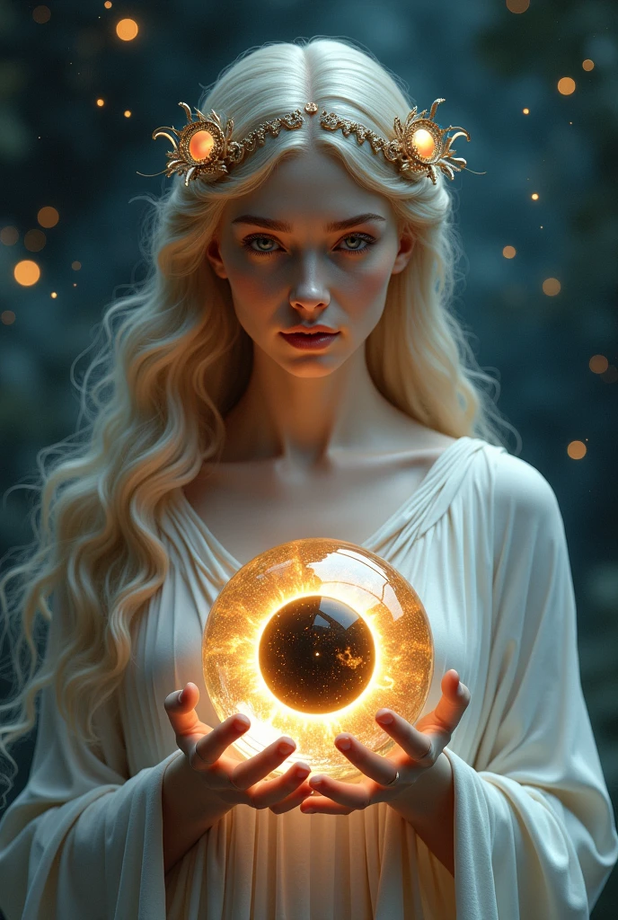 greek celestial goddess holding a small crystal ball with solar eclipse inside