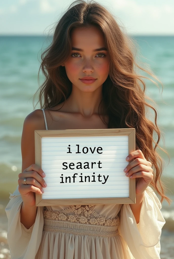 Beautiful girl with wavy long hair, bohemian dress, holding a white board with text "I Love Seaart Infinity" and showing it to the viewer