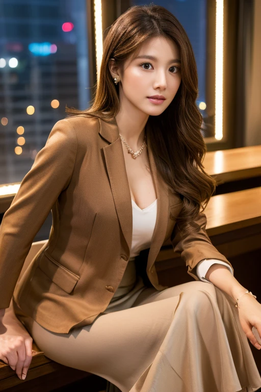 (Light Brown Blazer)、Business Blouse、(Light brown long skirt:1.3)、((Full Body Portrait))、silk pantyhose、Sitting、(Both legs and high heels look beautiful.)、1 girl、Perfect Anatomy, Perfect body, Perfect hands, Perfect Face, Perfect Eyes, Accurate, Anatomically correct, Perfectly clear and sharp focus、Large Breasts、Modern architecture at night on the background、Professional Lighting、((Highest quality、Ultra-high resolution、masterpiece)) 
