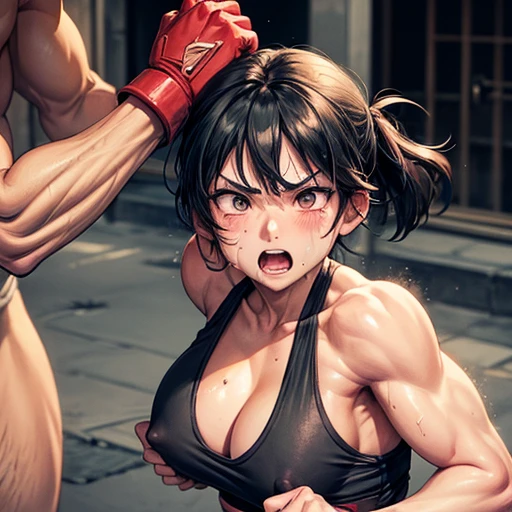 a japanese female streetfighter is beated down in the backstreet. She is glaring at the opponent. She has the will to fight. A bloodied and bruised female fighter is trying to stand from down. She has a lot of punches from the male fighter. she has big pain. she is damaged terribry. Short-cut black hair, out of breath, drooling from mouth, exhausted, drenched in sweat. Erect nipples, open finger glove, Whittled waistline, muscular, six-pack abs, Ragged tanktop, denimshorts