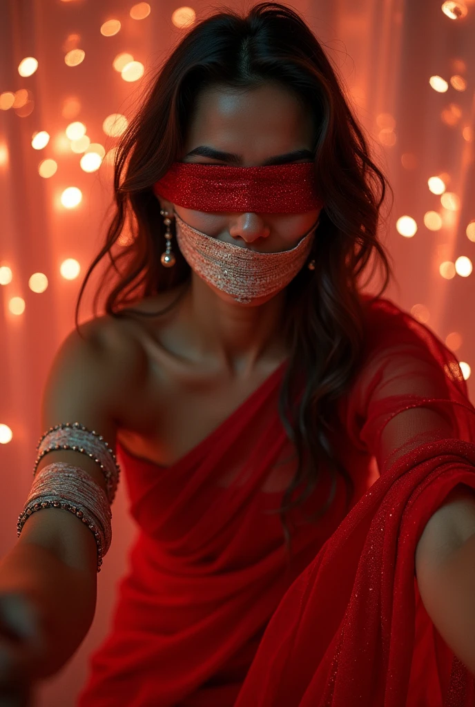 Aesthetic girl blindfolded duct tape gagged in red sparkling shimmering saree taking selfie tape gagged