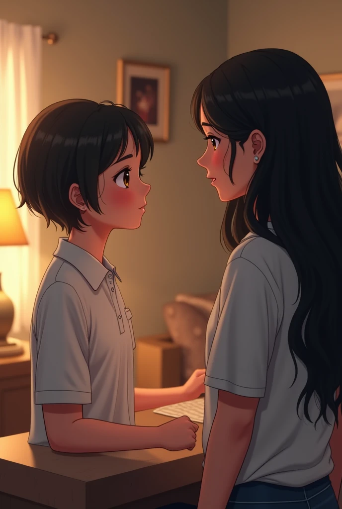 teenage girl with short black hair wearing a white short sleeve polo shirt.TALKING with a 30-year-old lady with long black hair . in the background a room