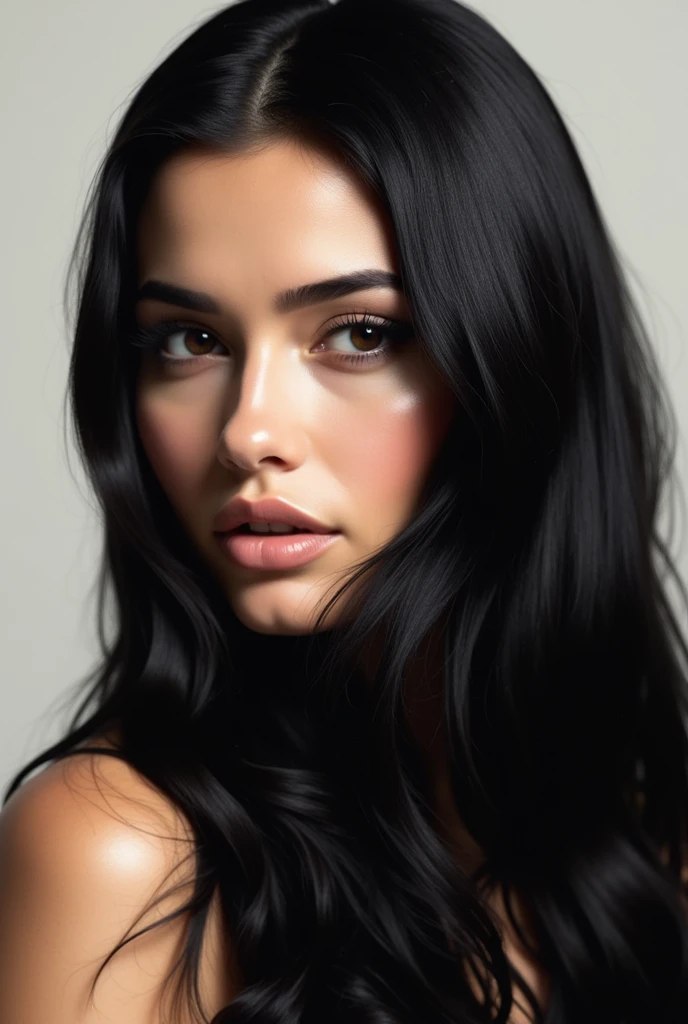 logo for women's shampoo from neck to head, with beautiful black hair