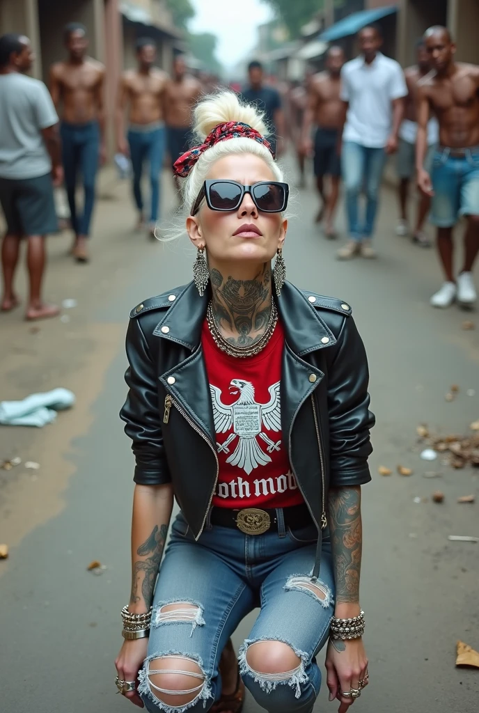 russian old milf woman, , blonde platinum hair (beehive bun) and wide colourful bandana as headband). Wearing oversized square maxi sunglasses. Square jaw, with very light green eyes, extremely pale. No tan. Wearing aged cropped black moto jacket (zippers on the side). Cropped short dark red push up t-shirt with spread wings eagle logo and gothic lettering,, dark skinny low rise blue jeans with holes on knees (white cotton visible). White tennis sneakers and bead bracelets around ankles. Lots of thick wide studded bracelets, chain collars and big rings. Tacky wide studded leather belt with swastika oval buckle. Long earrings with chains and feathers. Kneeling, chin up looking at the sky, stretching her neck.. Hands on knees, spread legs, Toned abdominals, thin neck, slim legs and thin arms. Narrow hips. Heavily tattooed in colour on chest, hands, neck and arms. Garbage and waste on the ground. Crowded dirt street of Nairobi with shirtless men crowding behind her
