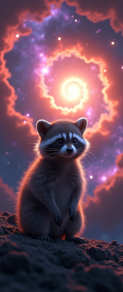 A captivating photograph of a cute extra fluffy baby realistic raccoon, A stunning cinematic image of a neutron star, pulsating with vibrant energy, set against the backdrop of a swirling nebula. The neutron star emanates bright, iridescent hues of purple, blue, and green, while the surrounding nebula displays a mesmerizing blend of reds, oranges, yellows, and pinks. The overall atmosphere is both awe-inspiring and surreal, as if we're witnessing the birth of a new celestial wonder., conceptual art, 3d render, photo