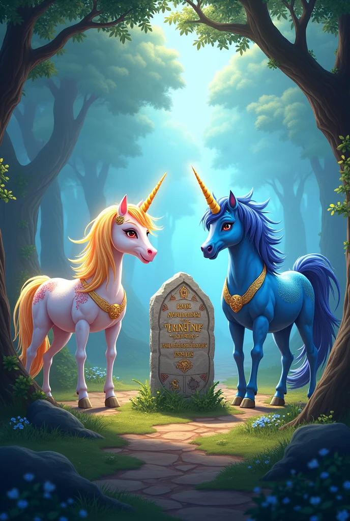 Create an image for story book title is The Adventure of Sparkle the Unicorn
Chapter 3: The Enchanted Forest
As they ventured deeper into the forest, they came across a riddle carved into a stone:
"To find the treasure, you must be wise,
Answer this riddle and claim your prize.
What has keys but can't open doors,
And plays sweet music to fill your ears?"
Make two unicorn
