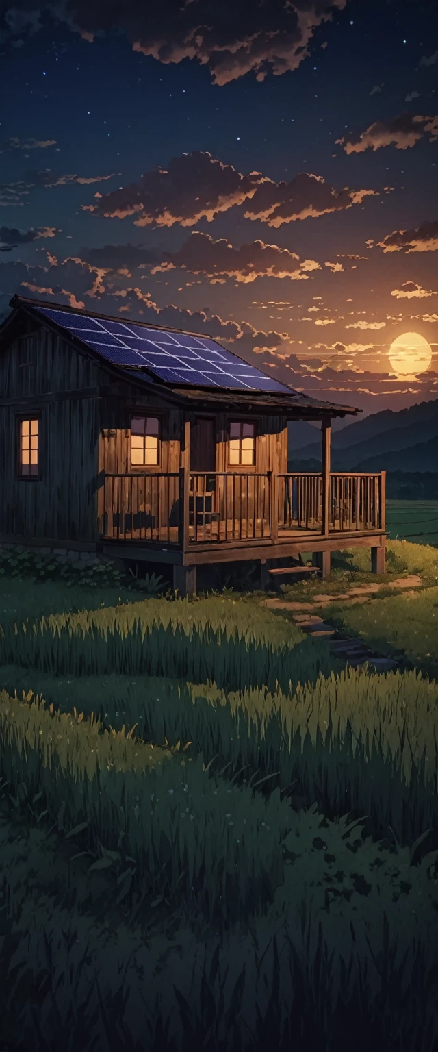 Ghibli style abandoned cabin serene night countryside clouds calm atmosphere cozy de-stressing shadows!!! solar8khdr!!!!