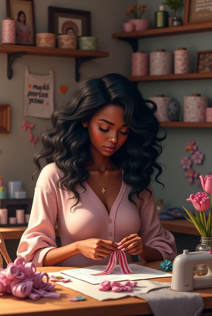  dark skinned with wavy black hair she is in her bow studio making a hair bow 