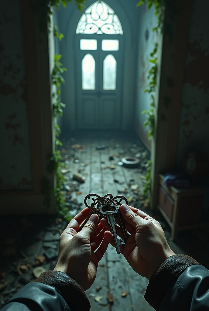 abandoned mansion, first person perspective, you find keys to any door