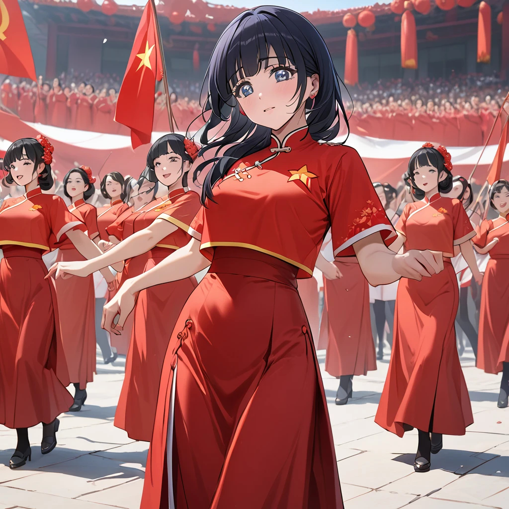 ((Highest quality)), ((masterpiece)), (detailed), (Perfect Face)、The woman is Aoki Reika, has medium-long hair and is a member of the Chinese Communist Party.、The woman is wearing a Chinese Communist Party folk dance costume and performing Chinese folk dance with other female members at a Communist Party rally.