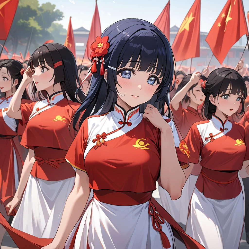 ((Highest quality)), ((masterpiece)), (detailed), （Perfect Face）、The woman is Aoki Reika, has medium-long hair and is a member of the Chinese Communist Party.、The woman is wearing a Chinese Communist Party folk dance costume and performing Chinese folk dance with other female members at a Communist Party rally.