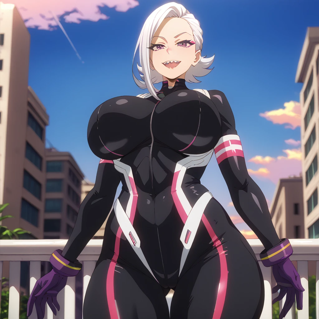 (NSFW) Detailed, best quality, 1 female, low angle, medium close up, massive breasts, huge breasts, big breasts, big arms, purple LEDs, cowboy shot, big hips, MHA style, black body suit, heavy artillery suit, gloves, white hair, half shaved hair, purple eyes, fully lidded eyes, evil eyes, eyeliner, large open smile, sharp teeth, stocky, very muscular, balcony, city background, beautiful sunset sky, samurai suit, upgraded suit, separated tits, sexy, powerful, jet power, nice eyes, muscular thighs, muscular arms