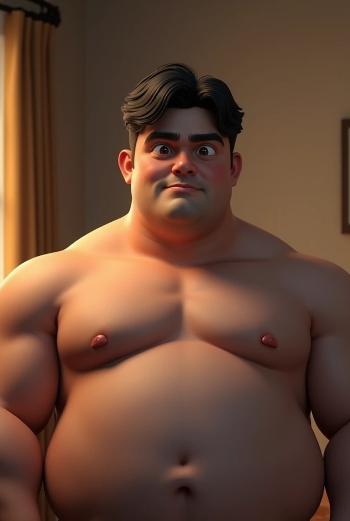 3d image realistic of young man, atractive, fat, with brown eyes and black hair, in the background a room