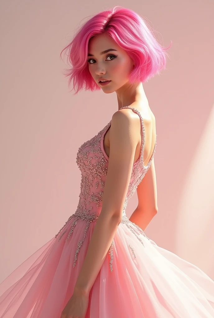 woman, pink haired girl, short hair, whole body, dress,