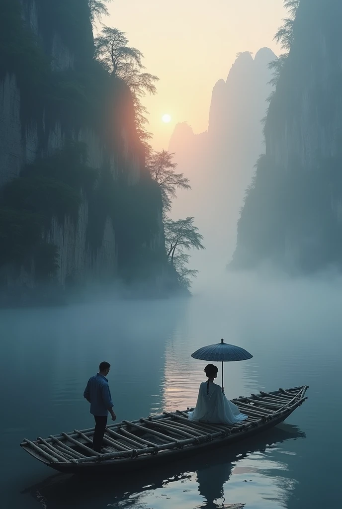 Misty，Sunset through the fog，A 92-degree aerial view of a simple bamboo raft tied with bamboo，A woman wearing Chinese Hanfu on a bamboo raft holds an umbrella in front，There is a boatman behind，There are stone cliffs on both sides，Like a Chinese landscape painting, like a fairyland, like the mountains of Zhangjiajie，Maximum resolution，All the details can be seen clearly，Cinematic color grading
