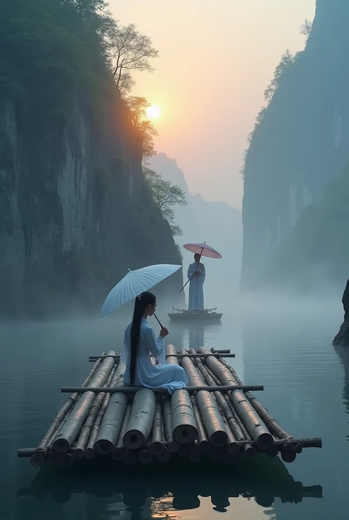 Misty,Sunset through the fog,A 92-degree aerial view of a simple bamboo raft tied with bamboo,A woman wearing Chinese Hanfu on a bamboo raft holds an umbrella in front,There is a boatman behind,There are stone cliffs on both sides,Like a Chinese landscape painting, like a fairyland, like the mountains of Zhangjiajie,Maximum resolution,All the details can be seen clearly,Cinematic color grading