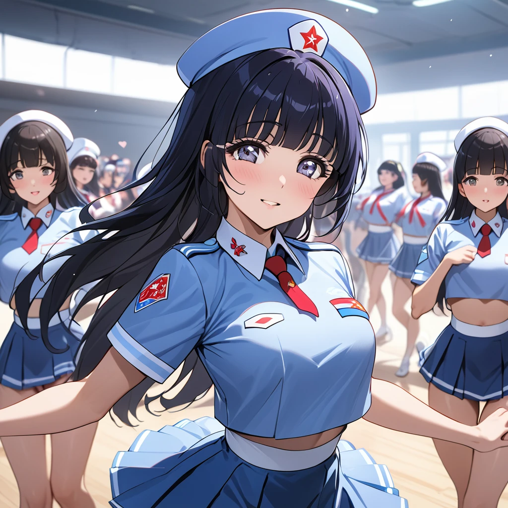 ((Highest quality)), ((masterpiece)), (detailed), (Perfect Face)、The woman is Reika Aoki with semi-long hair、The woman is a member of the North Korean Joy Squad and is dancing for the General in a Joy Squad costume.