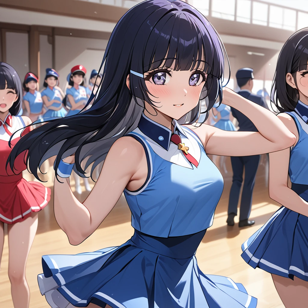 ((Highest quality)), ((masterpiece)), (detailed), (Perfect Face)、The woman is Reika Aoki with semi-long hair、The woman is a member of the North Korean Joy Squad and is dancing for the General in a Joy Squad dance costume.