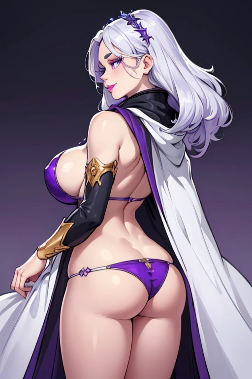 (Female dressed in slave bikini), (smile), pale golden hair and violet eyes. (clothing of white and silver),(cloak of deep blue or purple), grey background, huge knockers, ((very precise detailed)) ((high resolution), ((perfect eyes)), ((perfect lips)), (back view),(showing face)