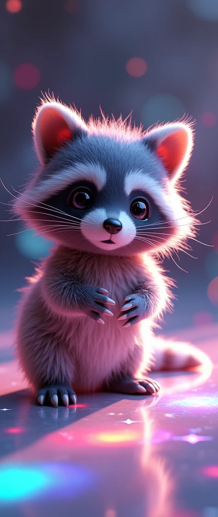 A captivating photograph of a cute extra fluffy baby realistic raccoon, A mesmerizing image of a holographic film, showcasing a stunning rainbow-like effect. The film displays a shimmering gradient of colors, from deep purples and blues to vibrant oranges and yellows. It is applied to a sleek, transparent packaging material, creating a dazzling 3D effect that catches the viewer's eye. The overall ambiance of the photo is futuristic and innovative, with a hint of a cosmic or interstellar vibe., photo, 3d render, conceptual art