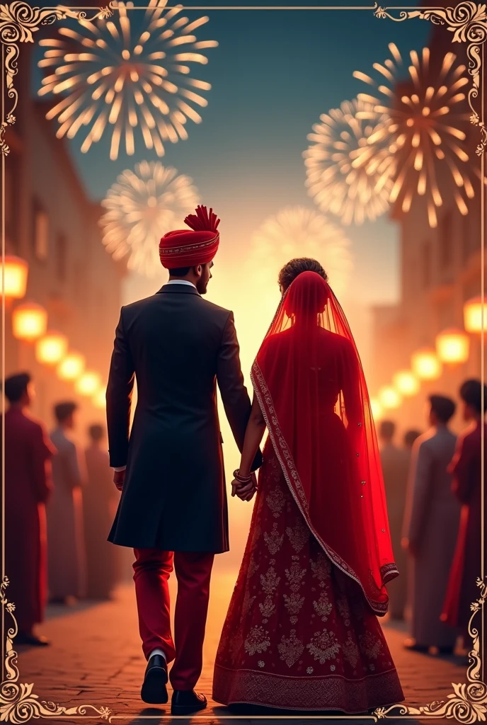 I want a barat invitation where bride is wearing a red lehnga with dupatta on head and full body covered and no backless kurti
of bride full covered and full sleeves and groom wearing black sherwani and black trousers and red turbin and both holding hands from behind and pic is of the back veiw and there is is lantern and fireworks in both sides and on sky and there is ample space on the top of pic for invitation and there is boarder on all sides of pic that give them a invitation card look
