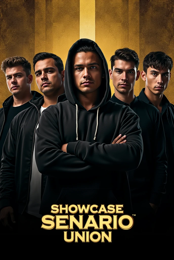 Make a exclusive poster with serious mode of six men. One with hoodie, one chubby man and four handsome man. Color the background with black and gold also write on that Senario with title Showcase SENARIOUNION on 31 August 2024

