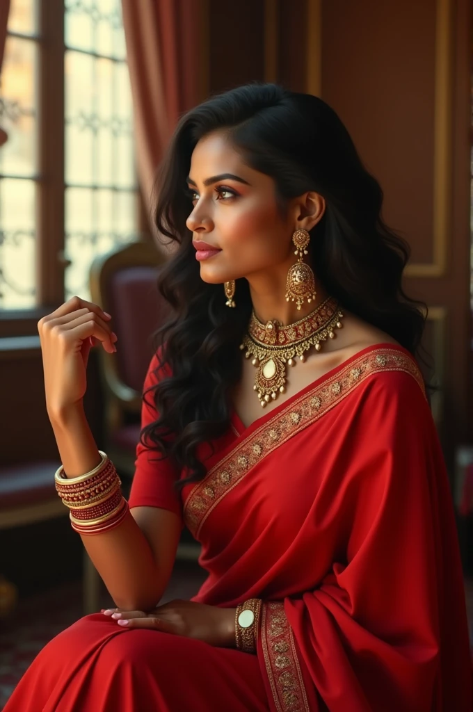 Indian beauty women, seatting , red saree , nice juwelary