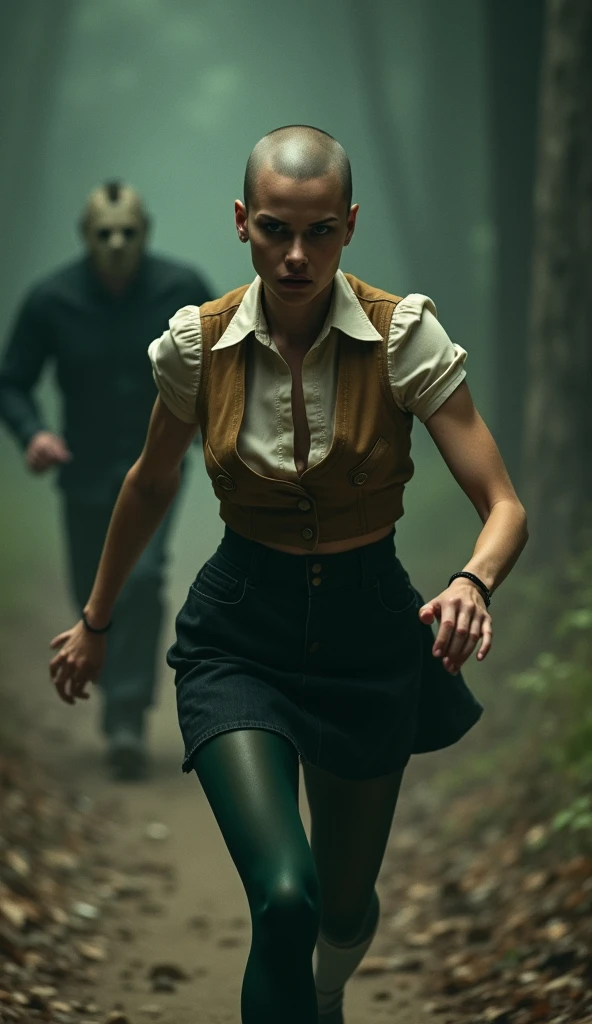 ((Highest quality)), ((masterpiece)), (horror movie posters:1.5), ((Jason)), (Shaved woman), (Motion Blur:1.1), ((逃げるJasonを後ろから追いかける筋肉質な坊主のグレーの女性のハト)), グレーのShaved womanのハトがオフホワイトで襟付きの半そでシャツに薄茶色のベストを着てひざ丈の黒いスカートに濃い緑の靴下と黒の靴を履いている, Photorealistic images,