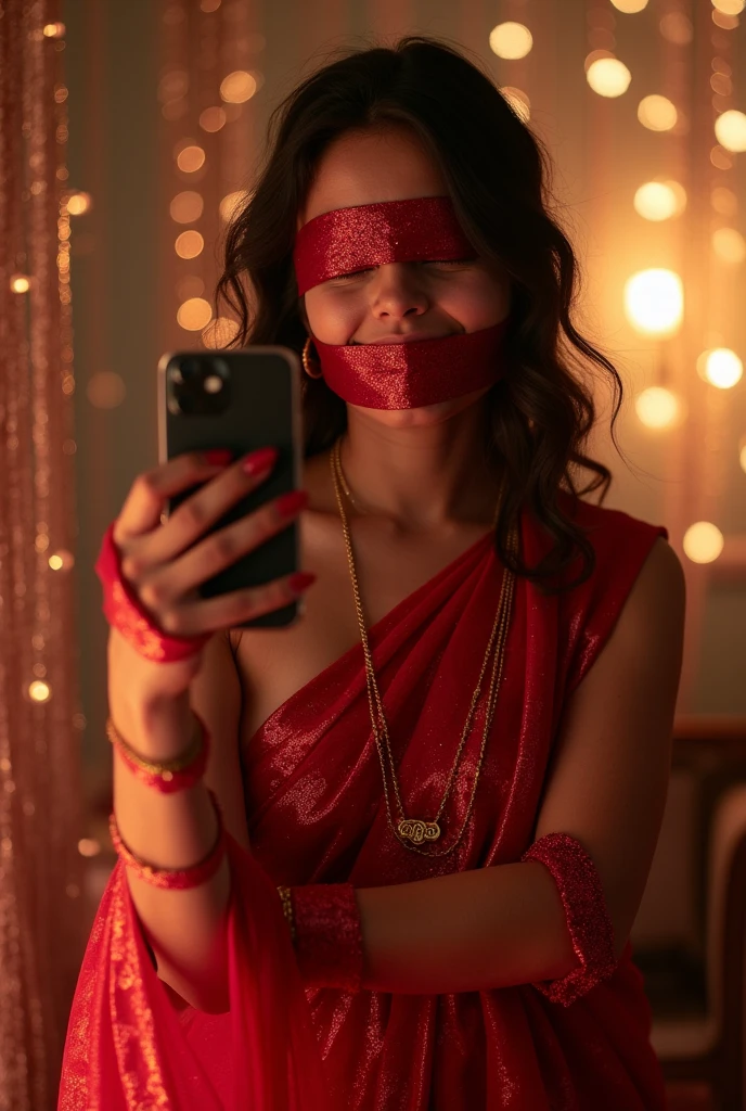 Aesthetic girl blindfolded duct tape gagged in red sparkling shimmering saree taking selfie tape gagged
