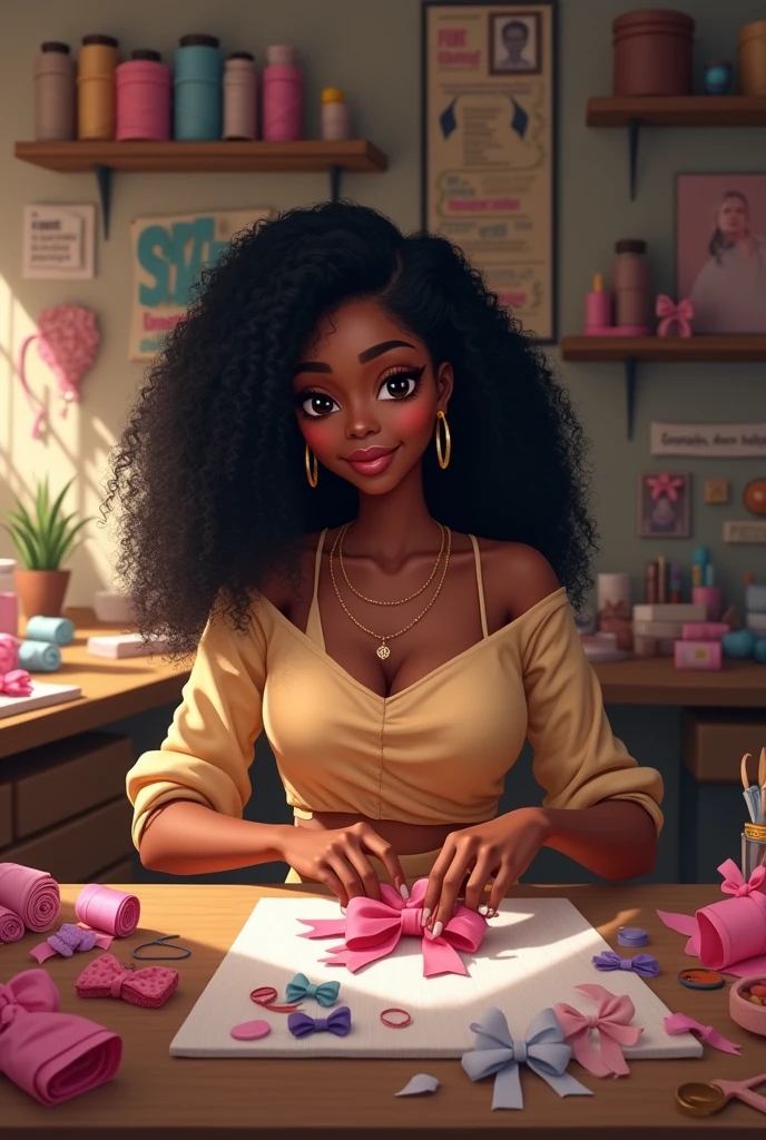 dark skinned with wavy black hair she is in her bow studio making a hair bow