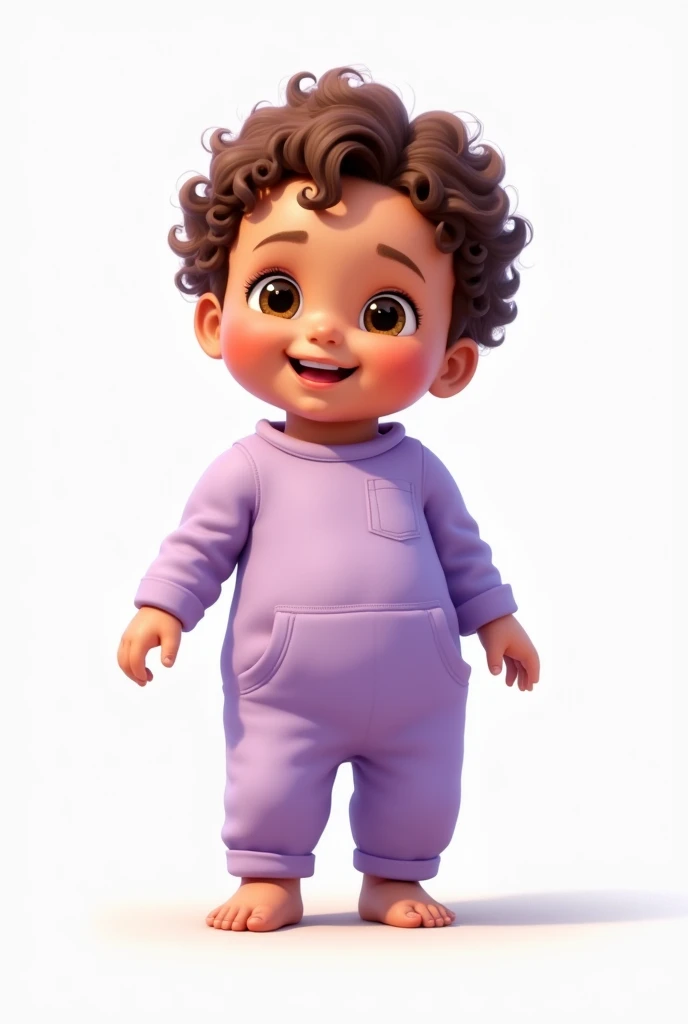 Colombian baby, wearing a pastel purple outfit with a white background, brown hair with almond-colored eyes.
who is standing on his feet smiling