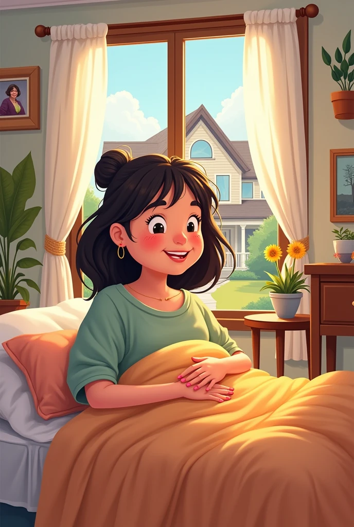 A cartoonist AI image of a mother with a background of her house and she is in her room 