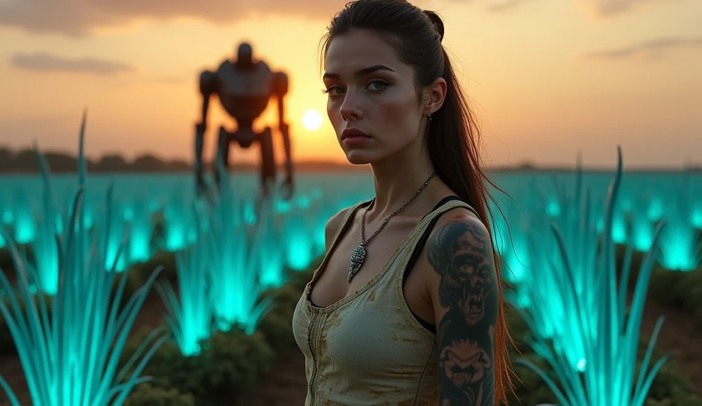 (Photoréaliste:1.4). Plan large, 16:9, photographie professionelle. style annees 3150) dans un monde dystopique néo rétro futuriste. Une fermière européenne au premier plan, 35 ans et magnifique. Elle a les cheveux brun, attachés derriere la tête, les yeux vert, tatouages mysterieux sur les bras, belle poitrine, 1m65, elle porte un debardeur moulant beige avec des taches de terre et un pantalon multipoches noir moulant. elle cultive un champ de plantes bioluminescentes bleue electrique plutot hautes, soleil couchant, robot humanoïde de guerre de l’ancien empire, lourd et rouillé des annees 2900, en arrière-plan. Ultra cinematographique, ultra detaillé, textures ultra detailles, contrast intense, Résolution Haute, Anatomie correcte, Qualité Meilleure, UHD, Peau texturée, 8k Cheveux Longs, Frange, Cheveux Bruns, Queue de Cheval, Ray Tracing,