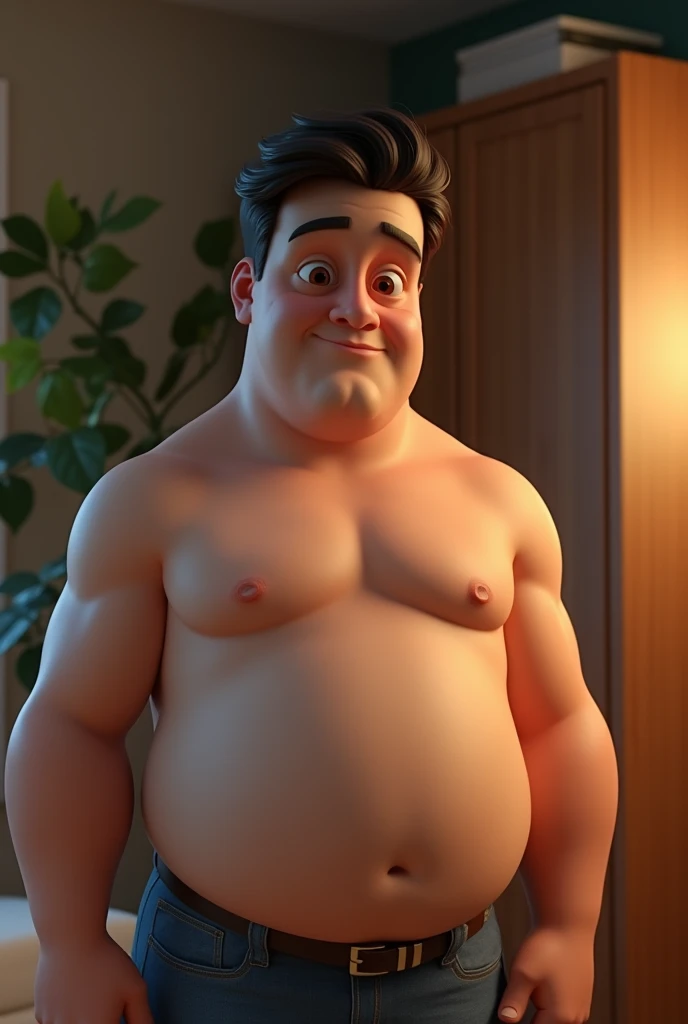 3d image realistic of young man, atractive, fat, with brown eyes and black hair, in the background a room