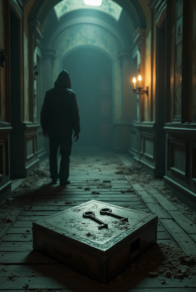 abandoned mansion, first person perspective, you find keys to some door in a box