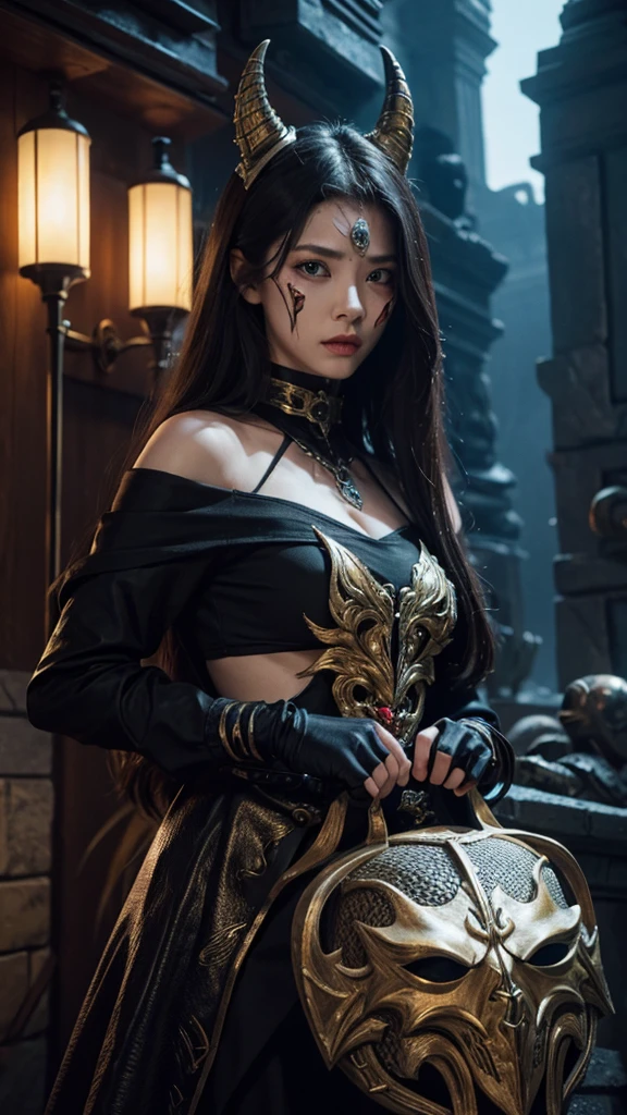 Female monster from special effects hero movie, too beautiful, special weapon, realistic depiction, ultra high definition, fantasy world, full face mask